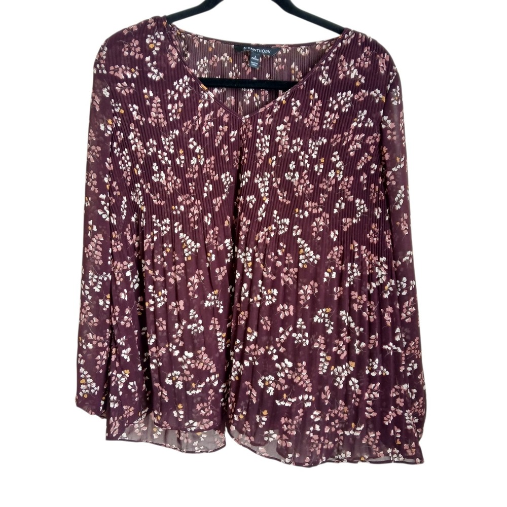 41 Hawthorn Olivia Pleated Chiffon Blouse PM Petite Small Burgundy Floral Sheer